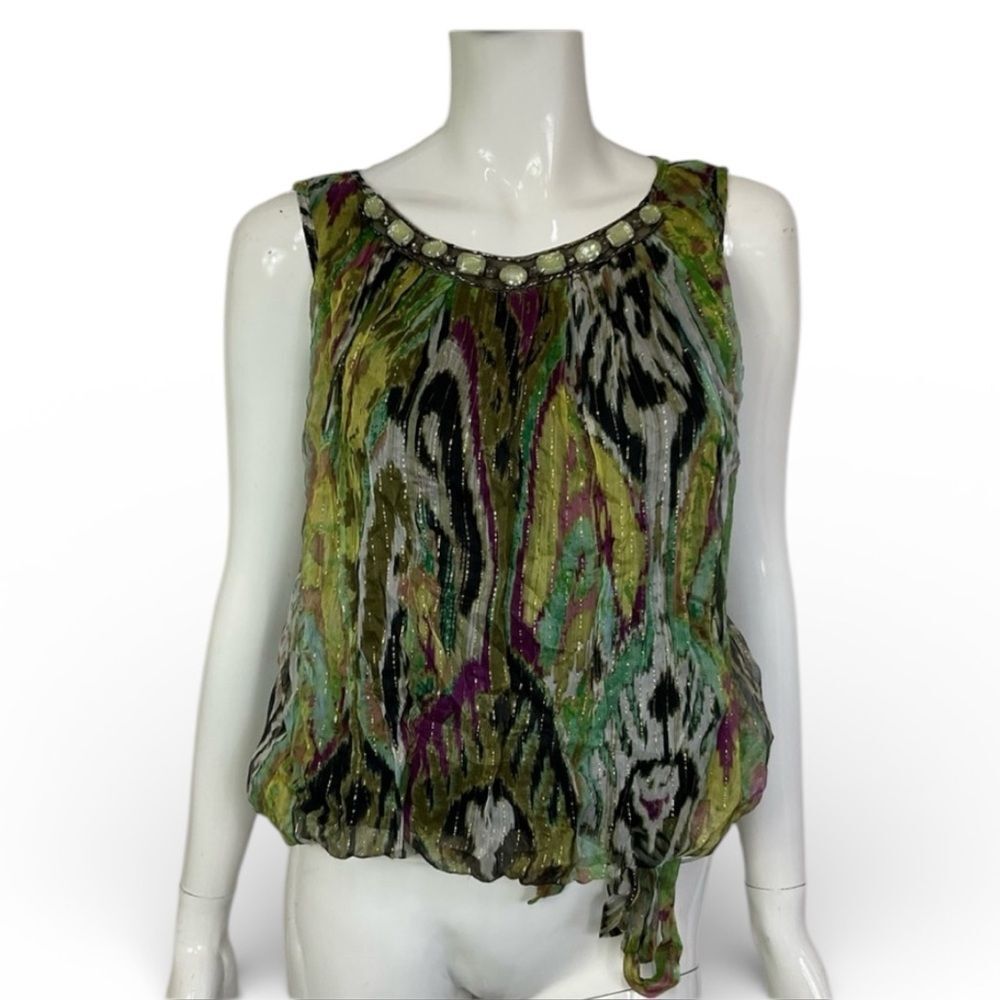 Cache Vintage Y2K Green Multicolor Watercolor Beaded Silk Metallic Blouse Size S